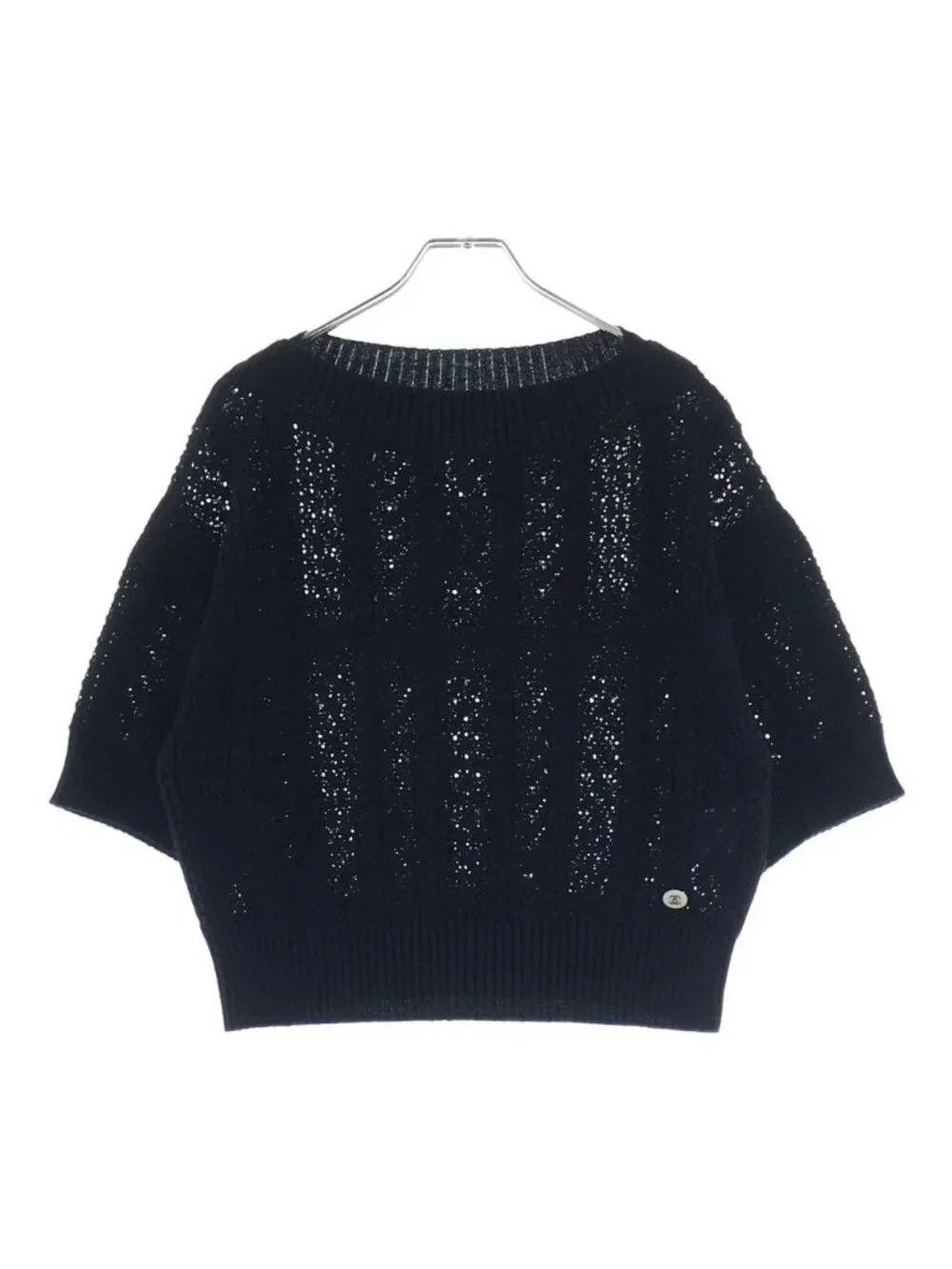 Chanel CC Logo Crochet Short Sleeve Knit Sweater Black
